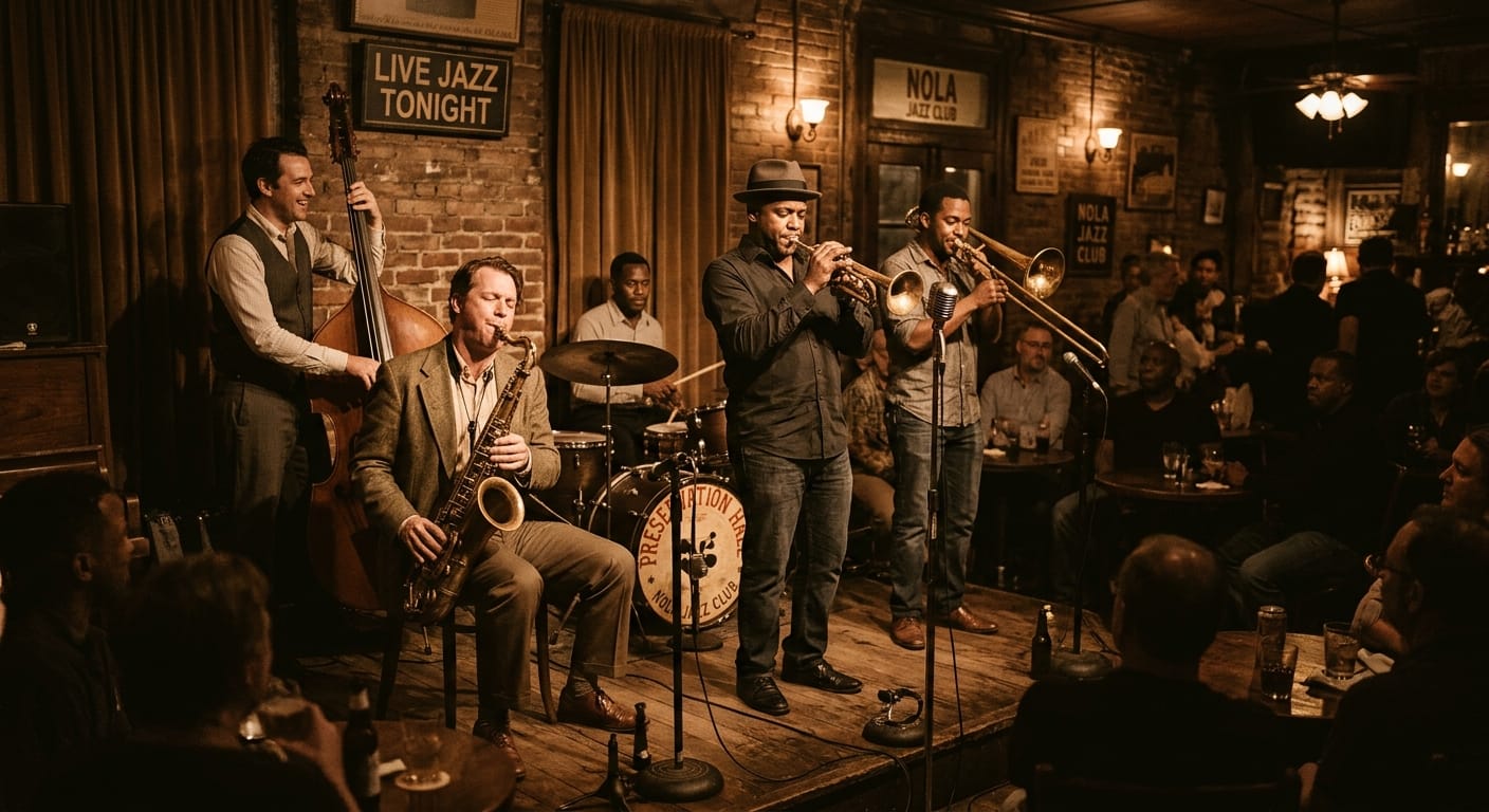 Jazz band performs live in intimate New Orleans club with brass instruments and upright bass