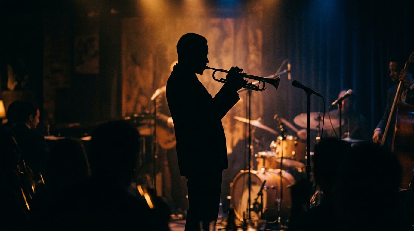Silhouetted jazz trumpet player performing on stage with warm amber lighting and band ensemble