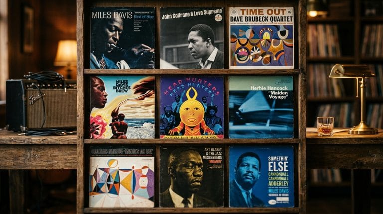 Nine iconic jazz album covers displayed in wooden shelving, including Miles Davis, John Coltrane, and Dave Brubeck classics