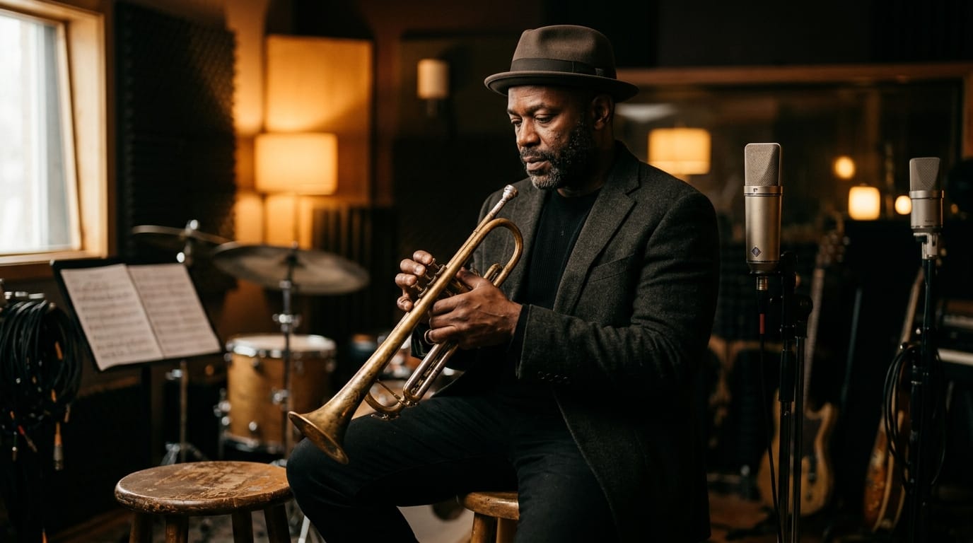 Jazz trumpeter performing in professional recording studio with microphones and sheet music
