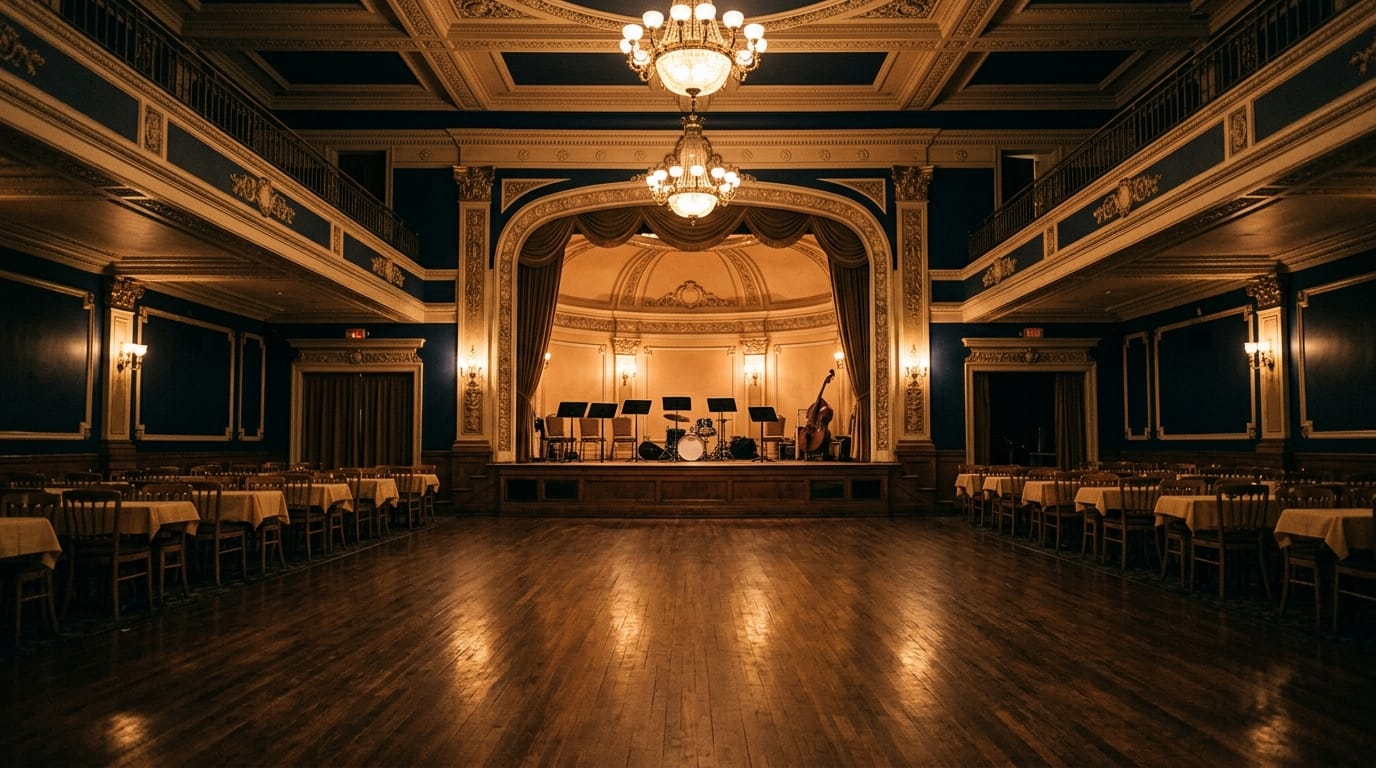 Elegant historic jazz ballroom with ornate gold ceiling, chandelier, stage setup with instruments and music stands