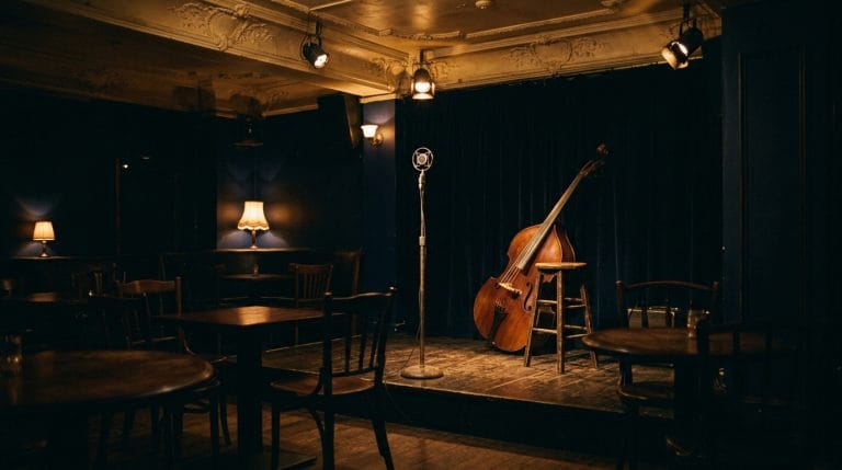 Intimate jazz club with vintage stage, upright bass, microphone, warm lighting, wooden chairs