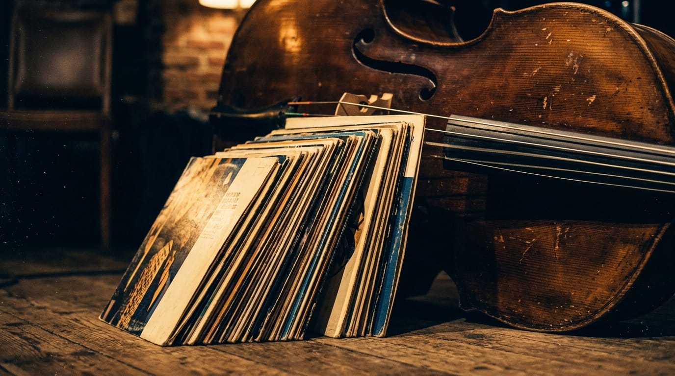 vintage records leaning against upright bass