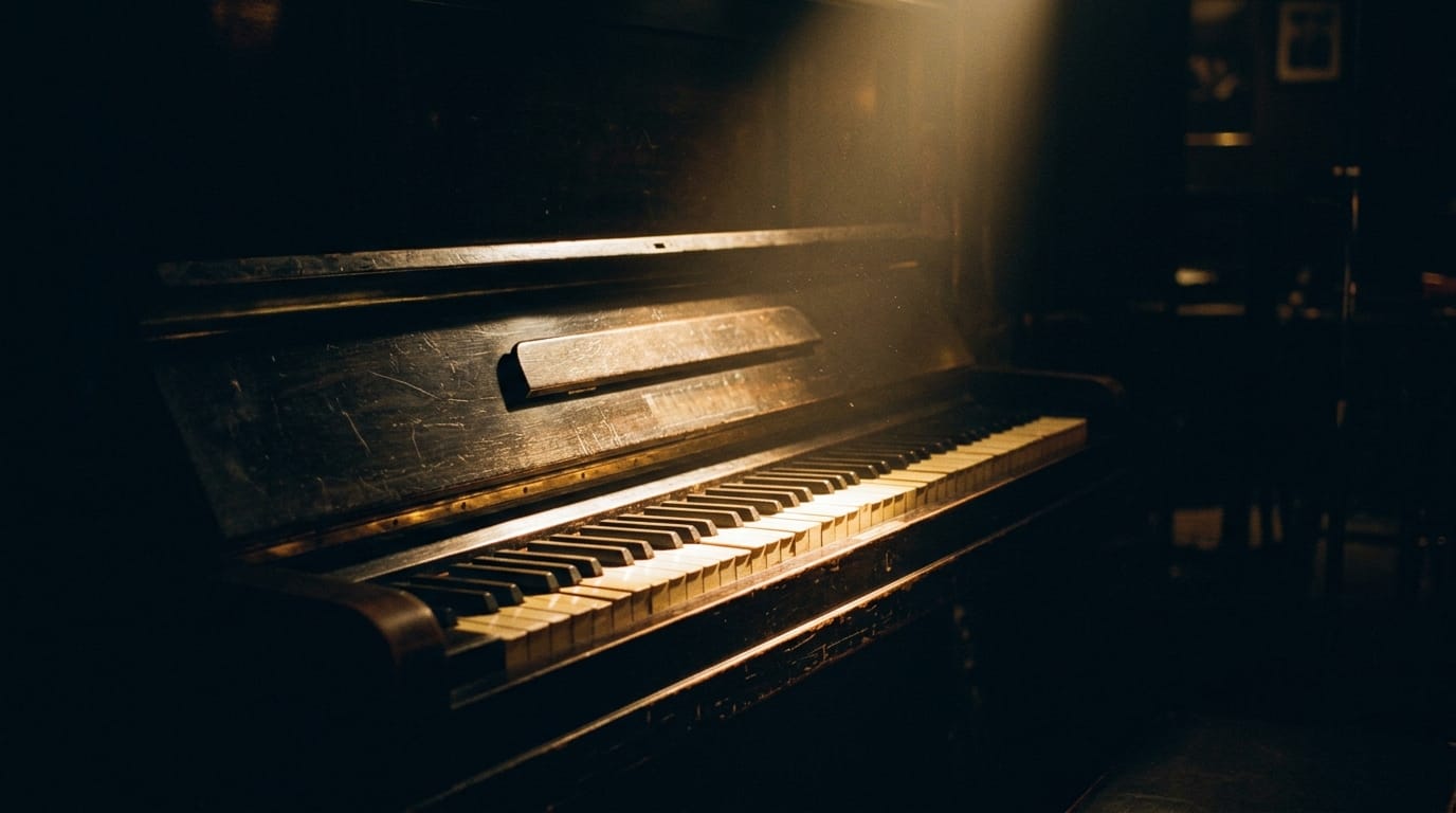 antique upright piano in dim club