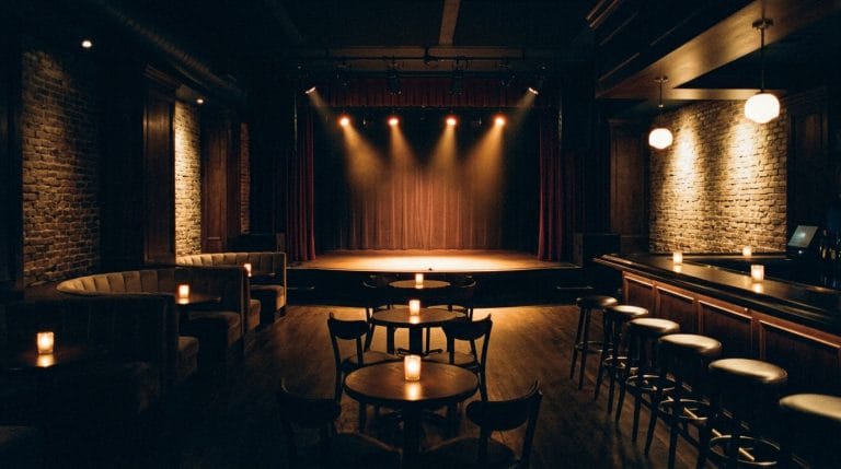 Intimate jazz club interior with brick walls, stage lighting, round tables, and bar seating