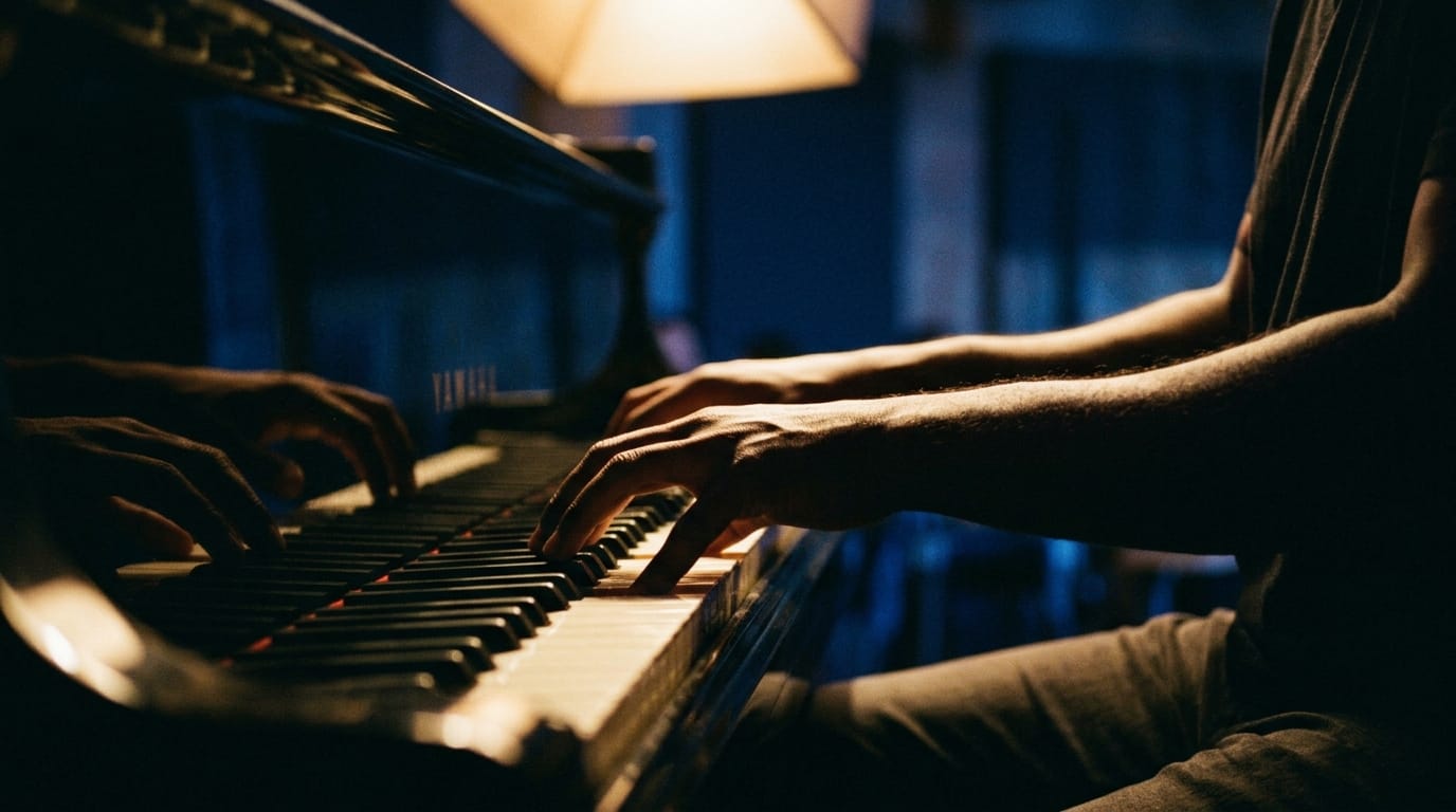 Jazz pianist's hands playing keyboard under warm stage lighting in dark blue ambiance