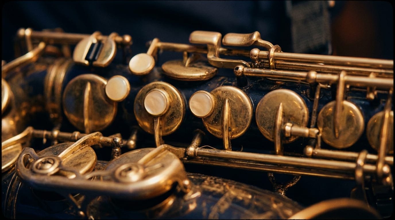 Close-up of vintage brass saxophone keys and valves with warm golden patina