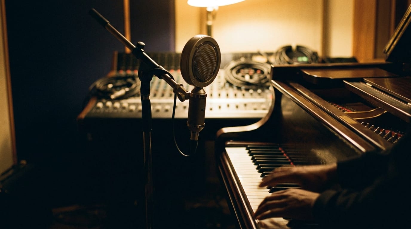 vintage condenser microphone with grand piano