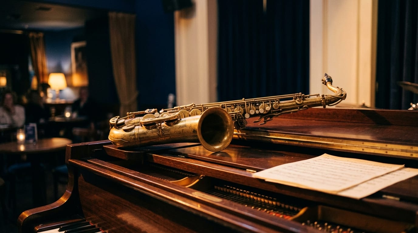 saxophone resting on grand piano