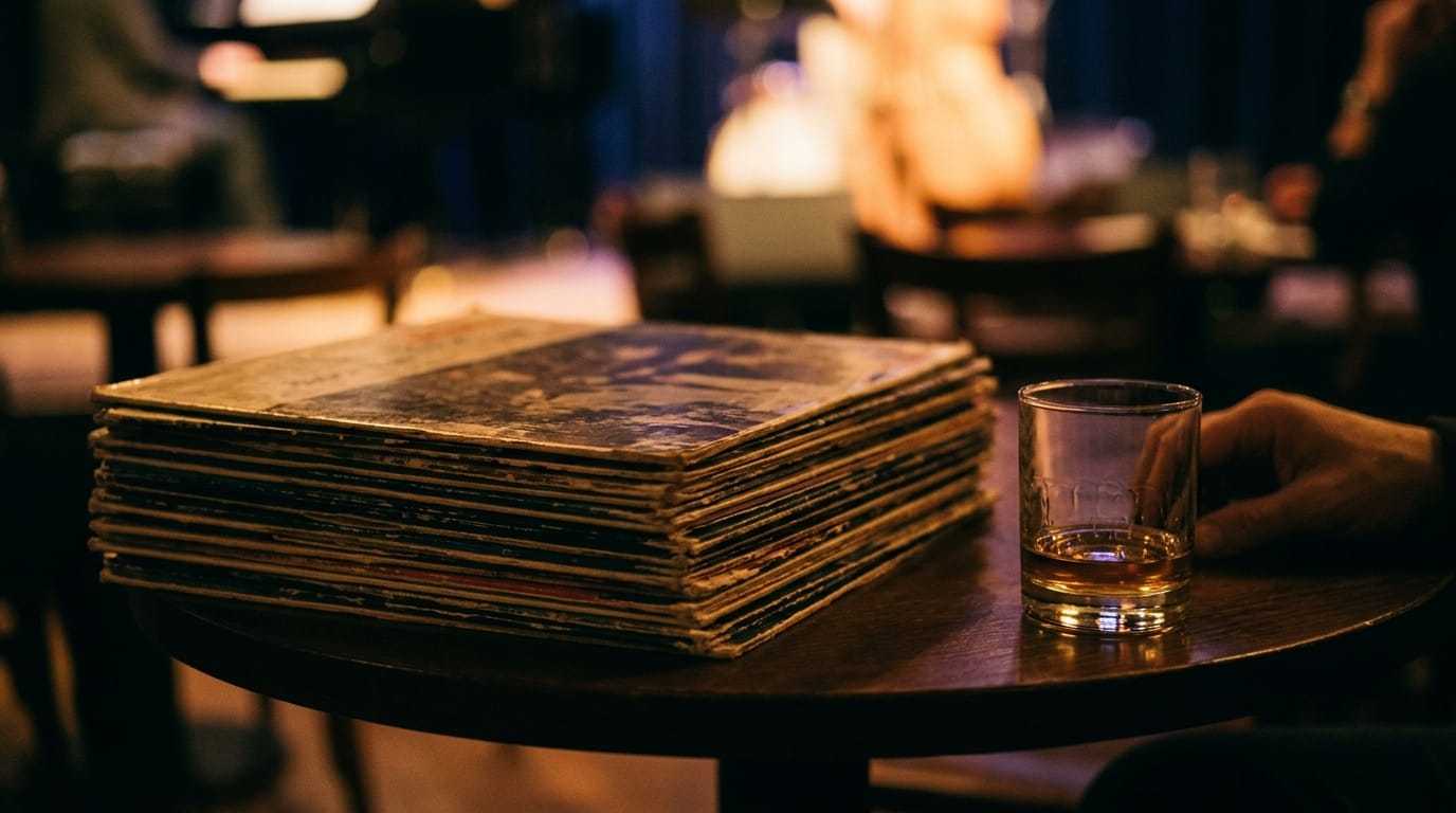 stack of vintage jazz vinyl records