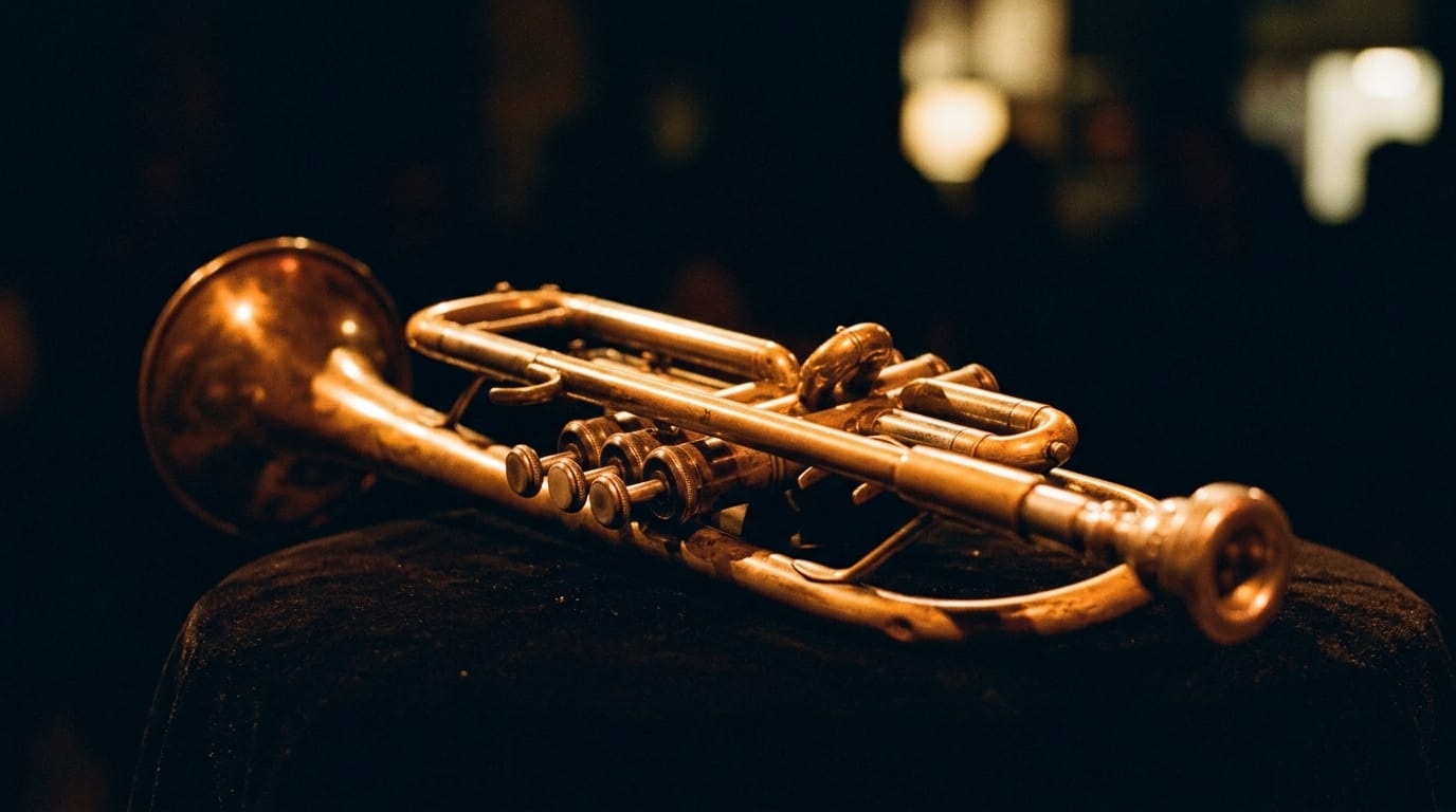 Golden brass trumpet with valves resting on dark surface, warm stage lighting