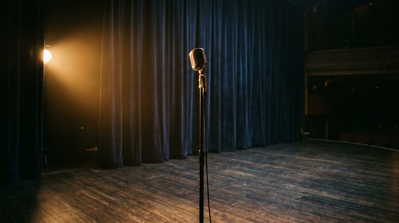 spotlit microphone on empty stage