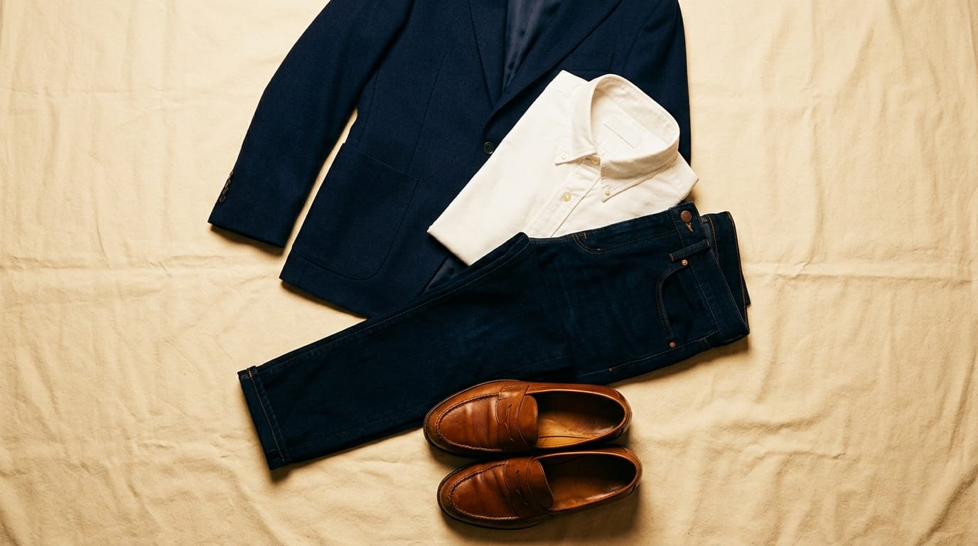 Navy blazer, white button-up shirt, dark denim jeans, brown leather loafers flat lay