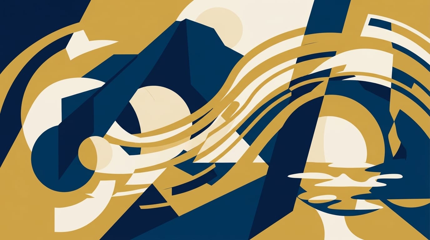Abstract jazz illustration with flowing gold and navy ribbons representing musical movement and improvisation