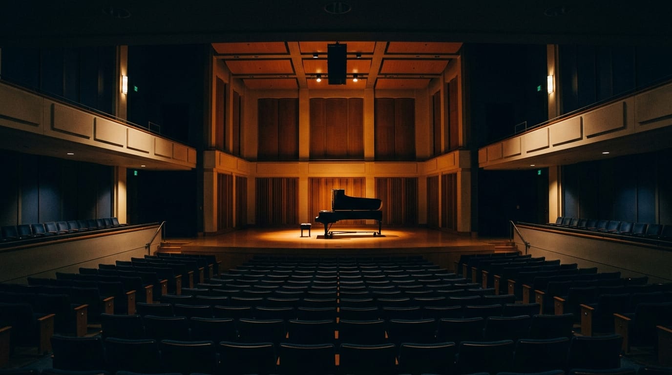 Empty concert hall with grand piano on stage, warm lighting, jazz venue atmosphere