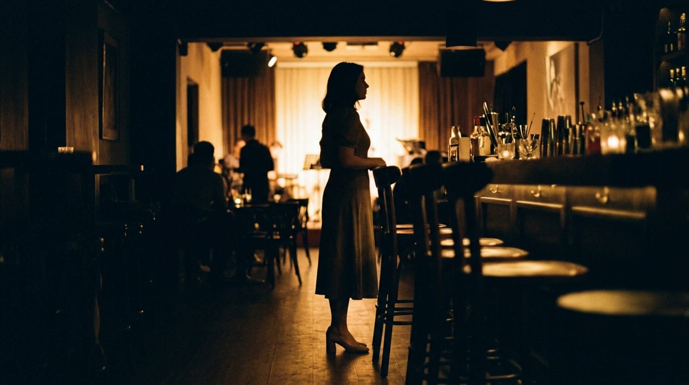 Jazz singer performing in intimate dimly lit venue with warm golden stage lighting and audience
