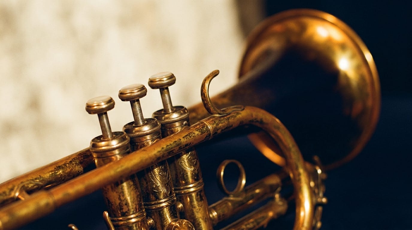 Close-up of vintage brass trumpet valves and bell, golden patina jazz instrument