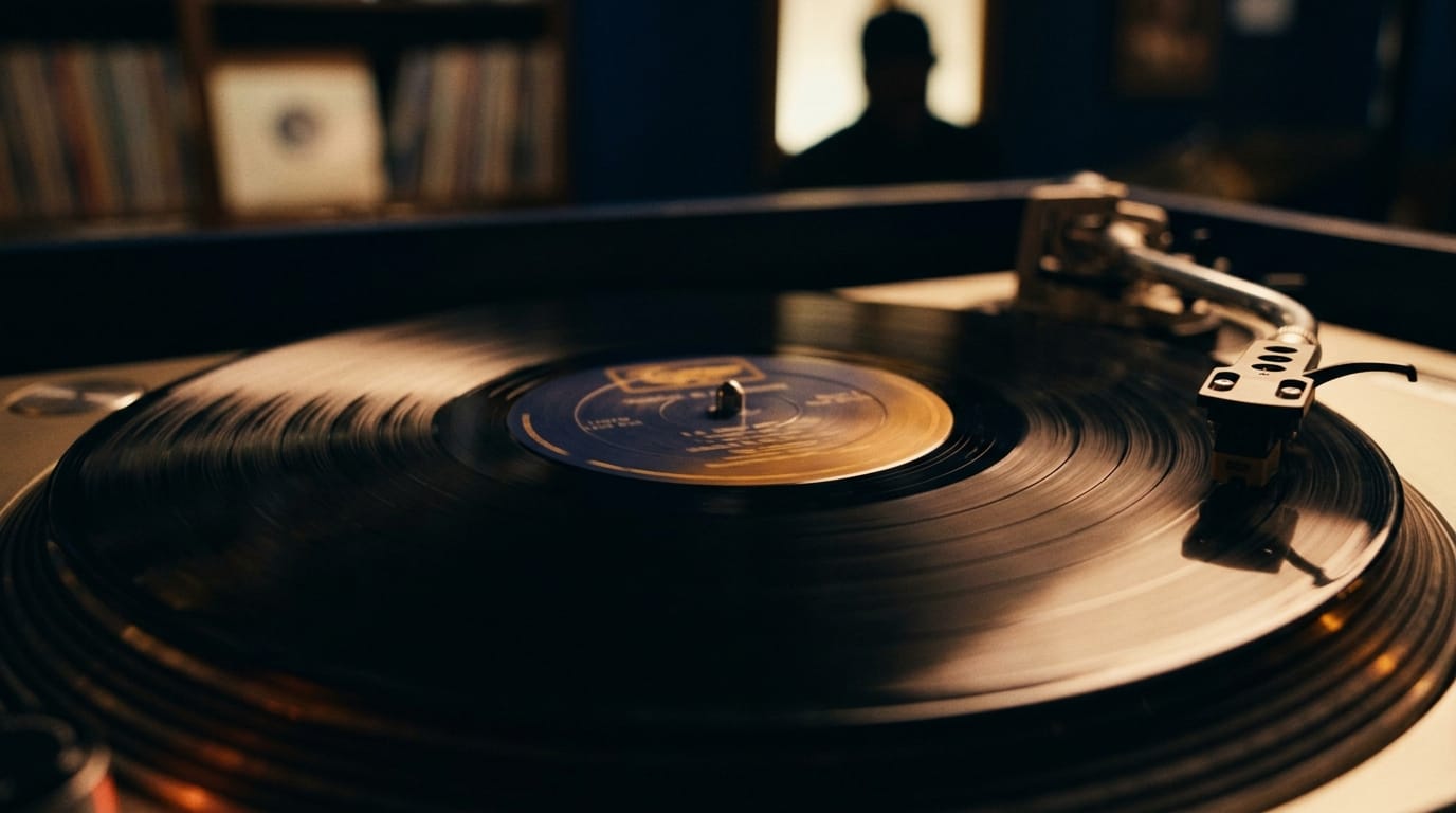 Vinyl record spinning on turntable with tonearm in jazz studio setting