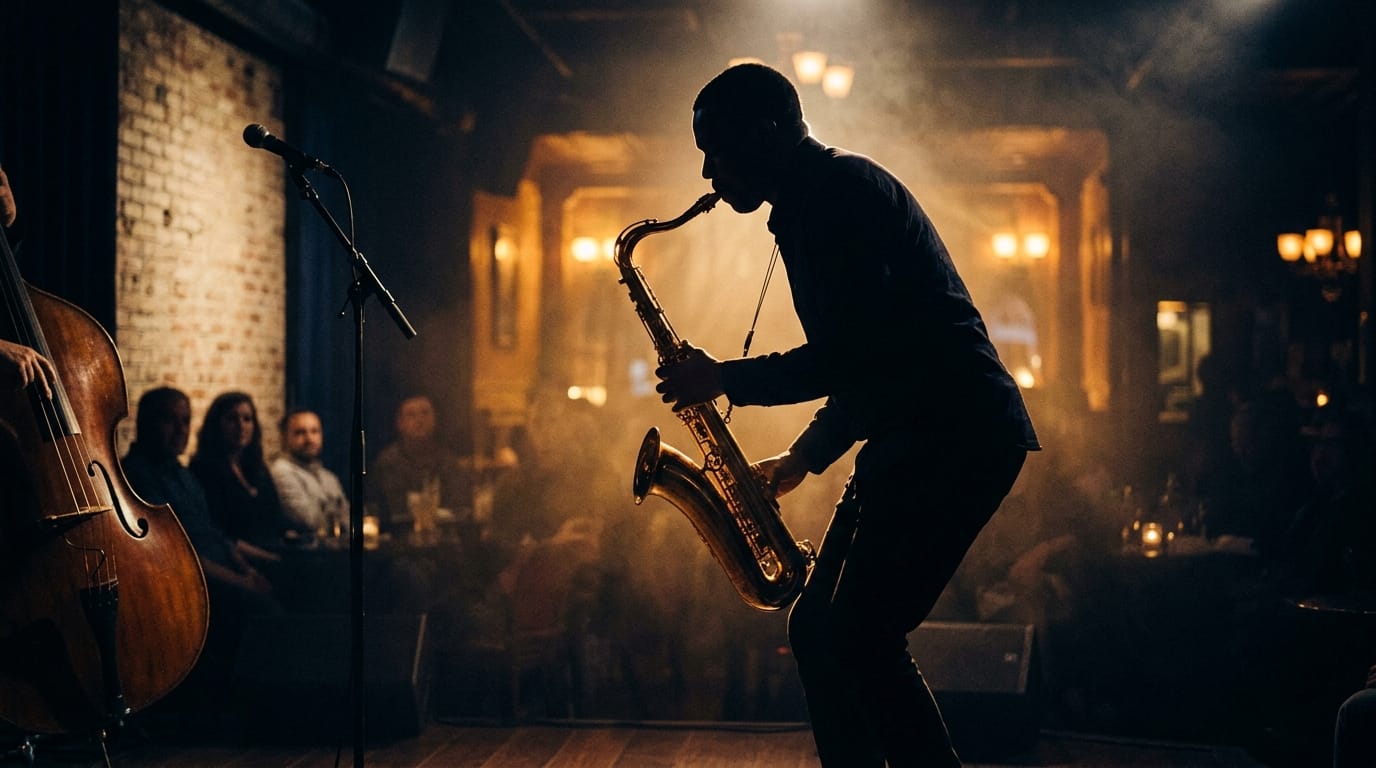 Saxophonist performing in intimate jazz club with warm lighting and audience silhouettes