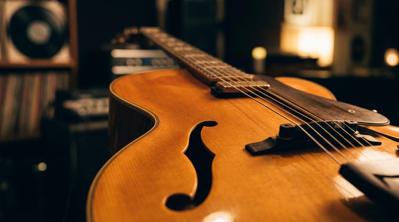 Warm-lit jazz guitar with strings and f-holes in professional studio setting