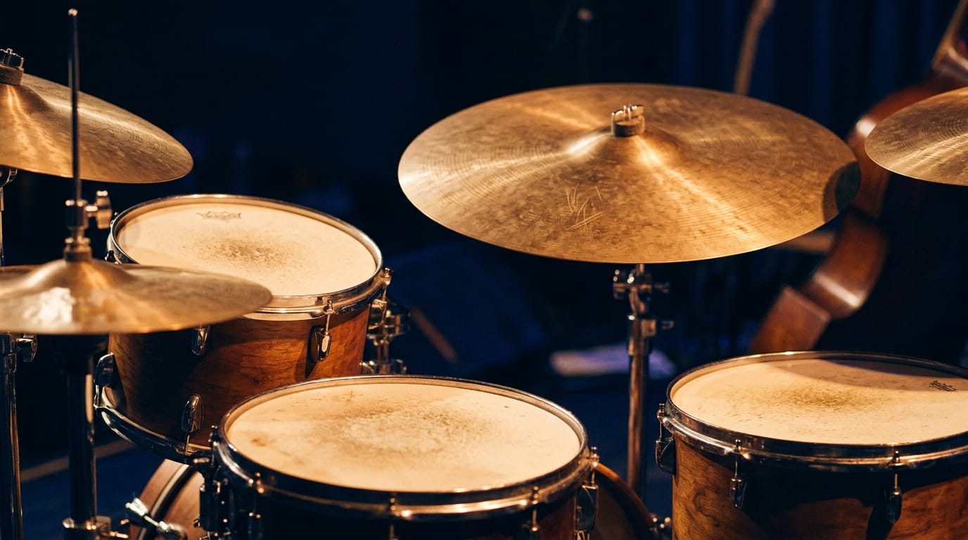 Professional jazz drum kit with brass cymbals and wooden drums on dark blue stage background