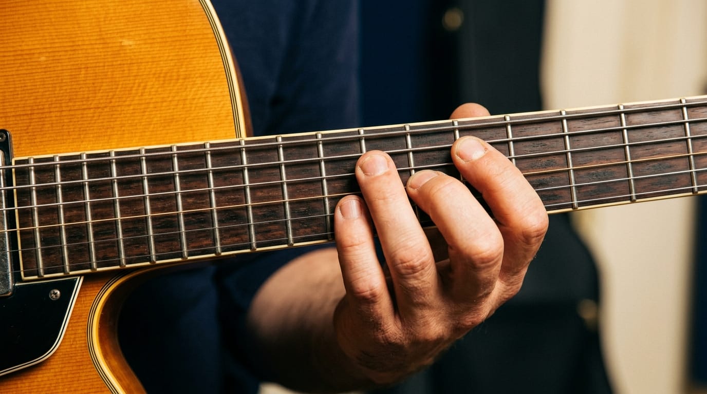 Musician's hand fretting acoustic guitar neck, jazz performance technique and finger positioning