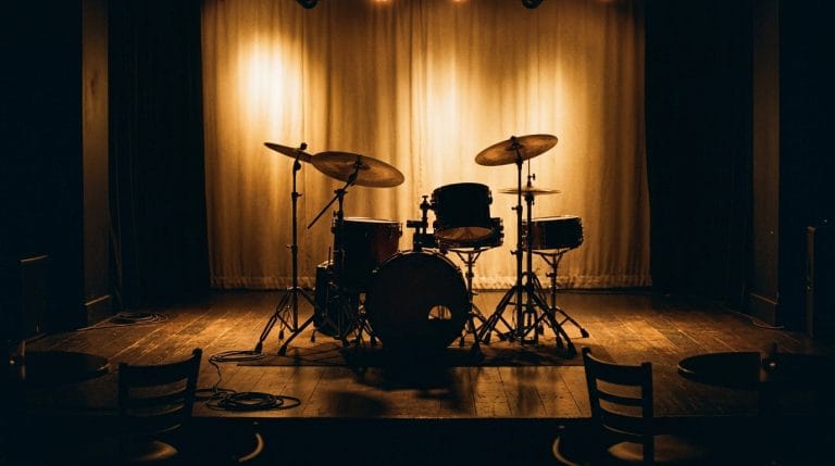 Professional drum kit on stage with warm golden lighting and curtain backdrop, jazz performance setup