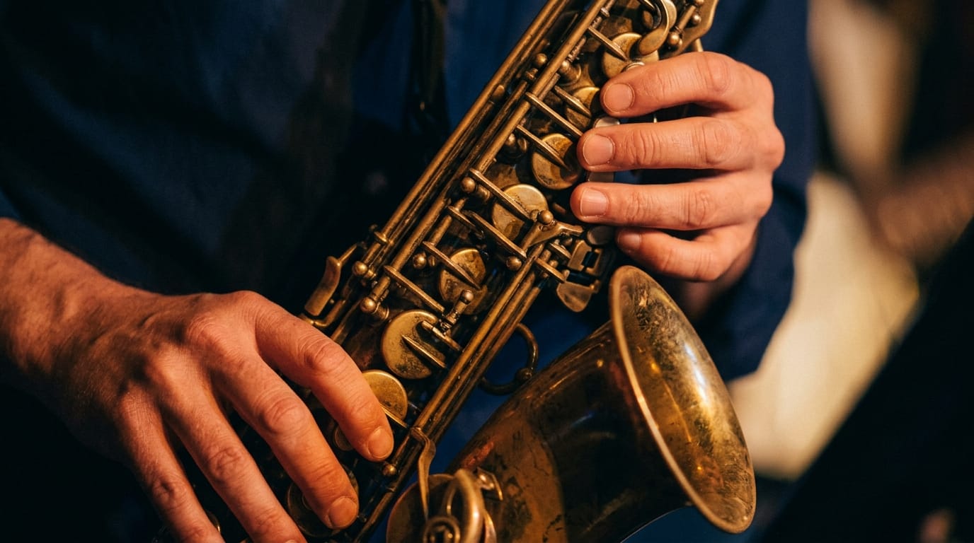 Musician's hands playing golden saxophone with keys and valves in close detail