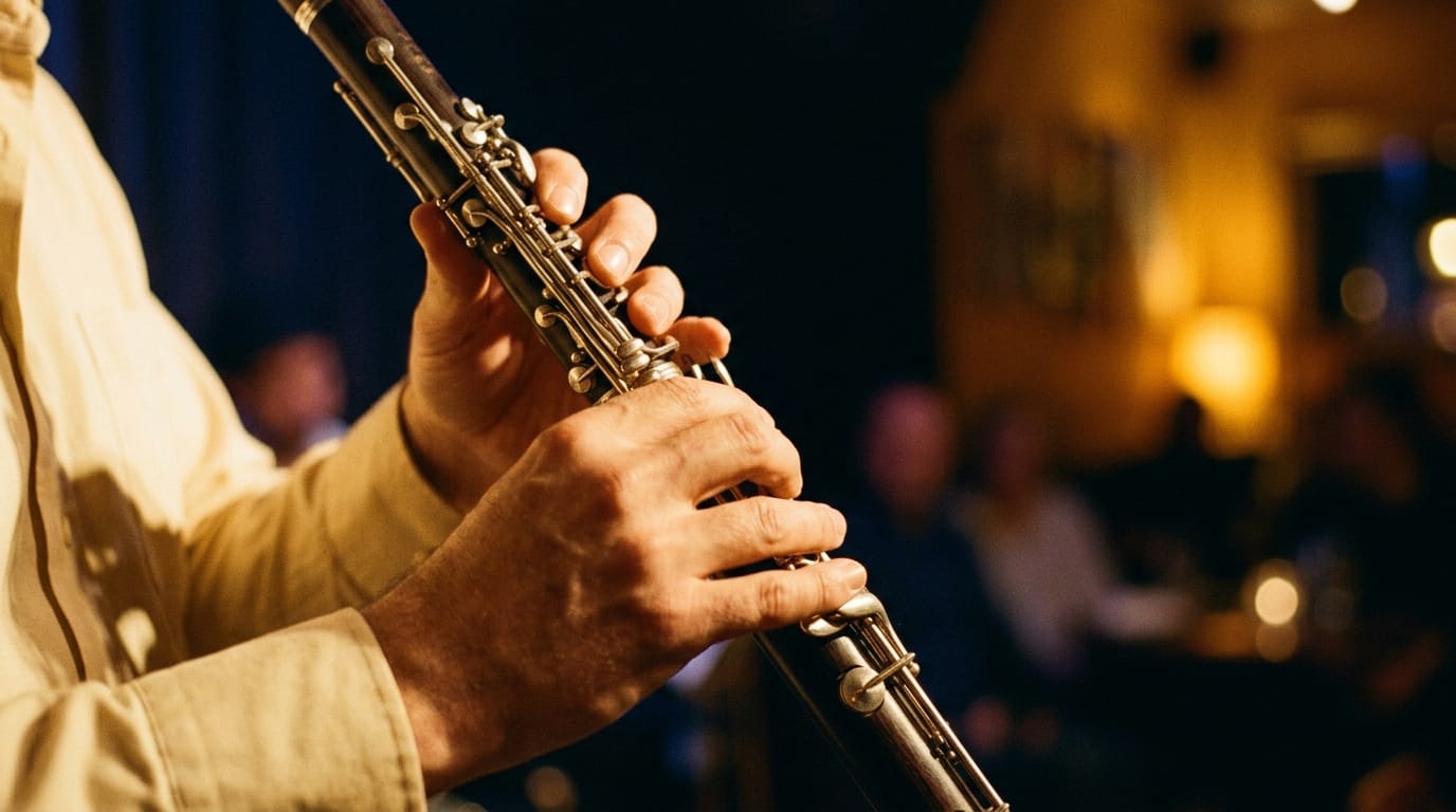 Jazz musician playing clarinet with close-up finger technique during live performance