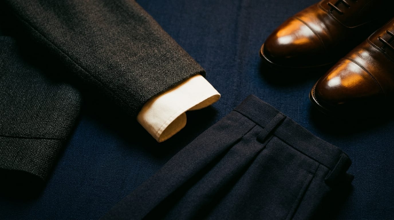 Formal jazz attire featuring charcoal blazer, white cufflinks, navy trousers, and polished brown leather shoes