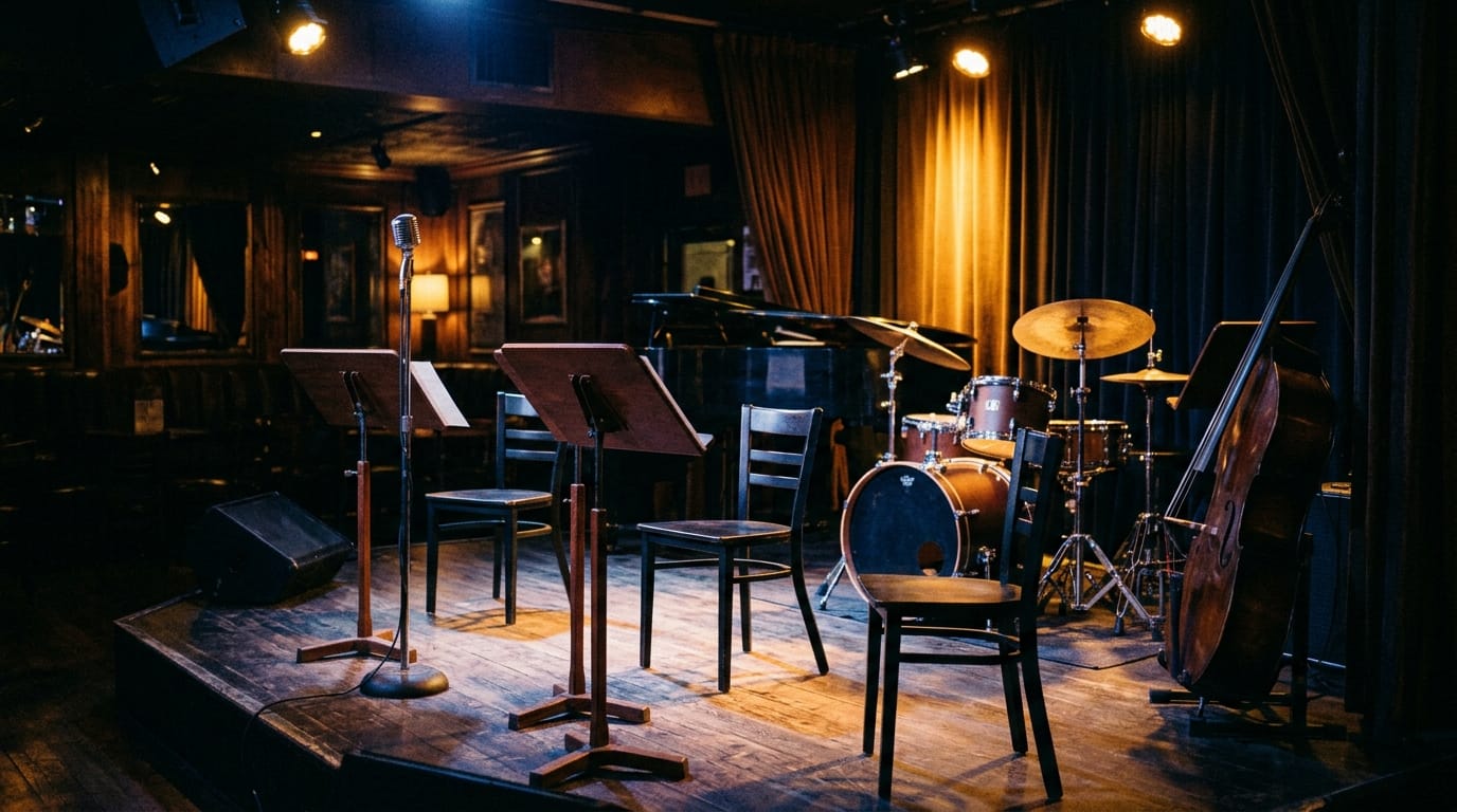 Intimate jazz club stage with drum kit, upright bass, vintage microphone, music stands, and wooden chairs under warm lighting