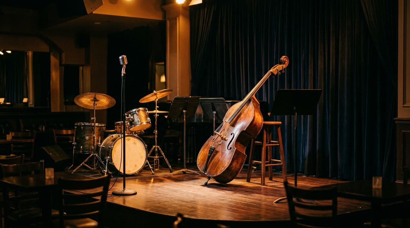 Jazz stage setup with upright bass, drums, vintage microphone, and piano in intimate venue