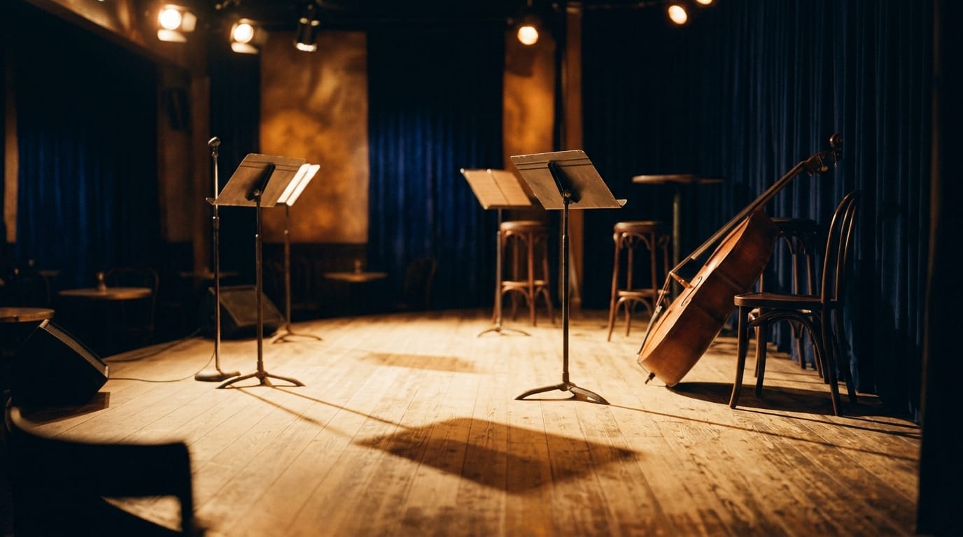 Empty jazz club stage with music stands, cello, microphone, wooden floor, warm lighting