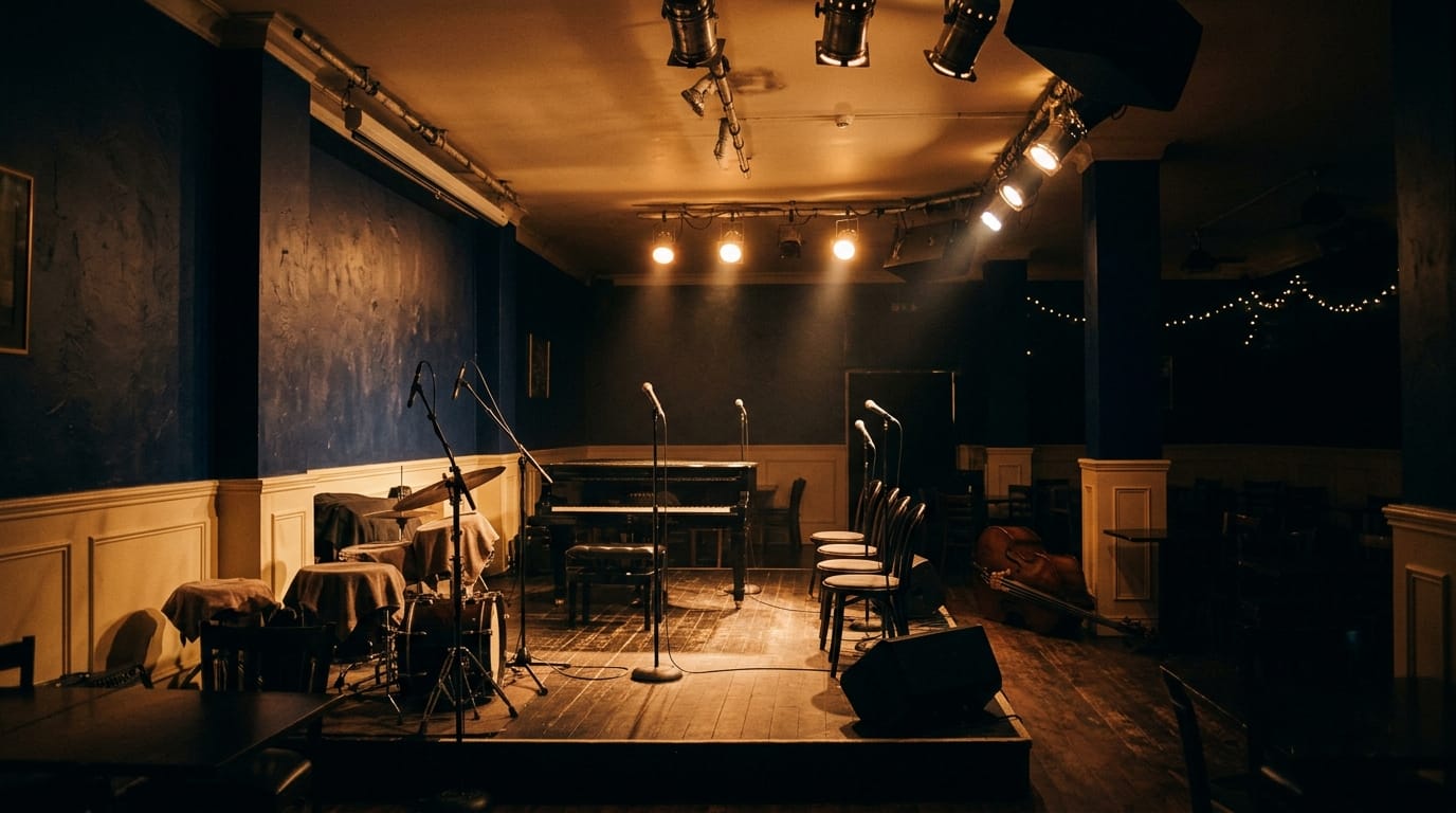 Empty jazz club stage with piano, drums, microphones, warm lighting, wooden floor