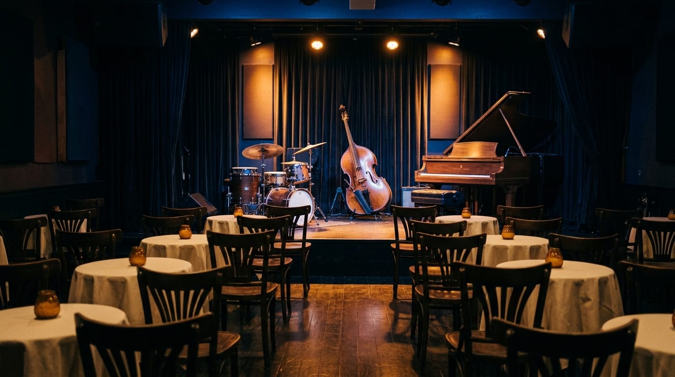 Intimate jazz club stage with grand piano, upright bass, drums, elegant dining tables, warm lighting