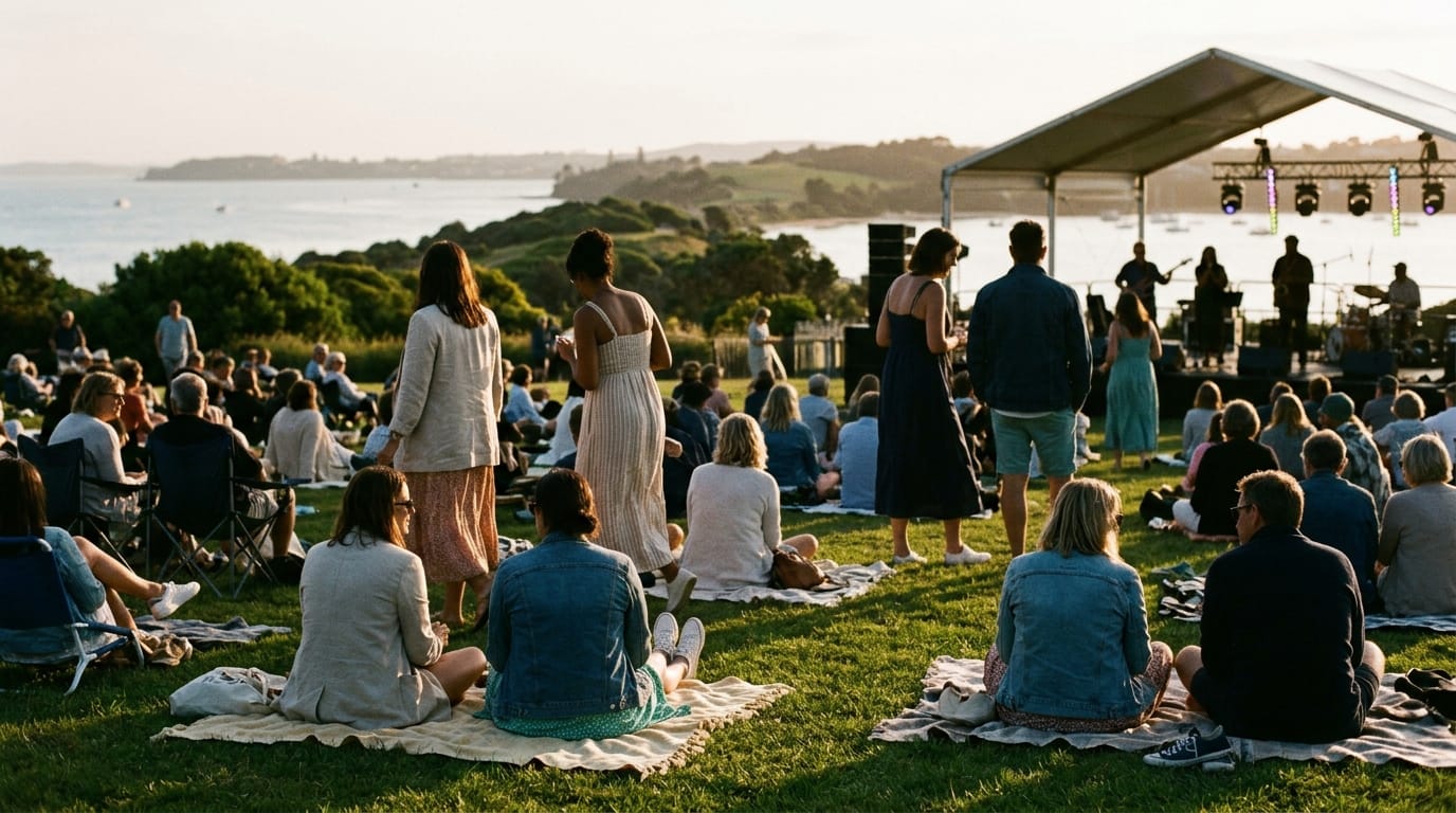 Outdoor jazz festival crowd seated on grass near waterfront with stage canopy
