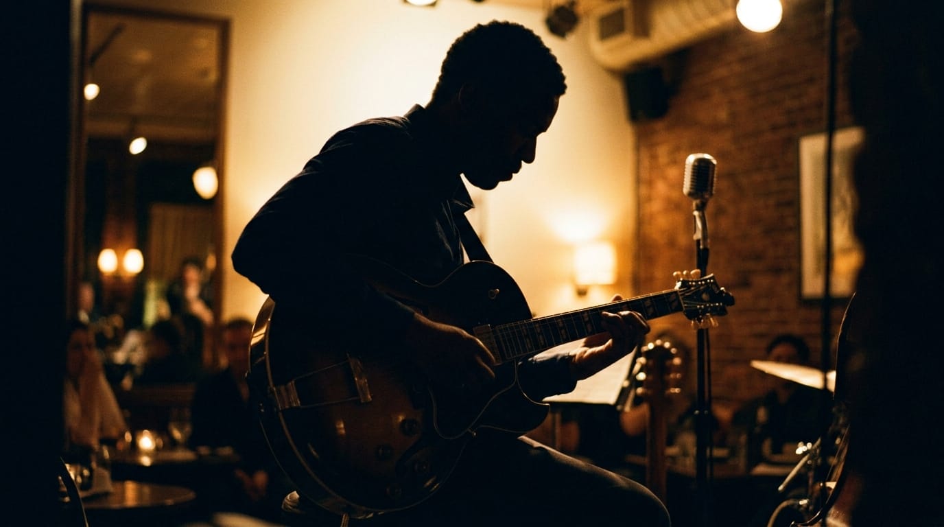 Silhouetted jazz guitarist performing with acoustic guitar under warm stage lighting in intimate venue