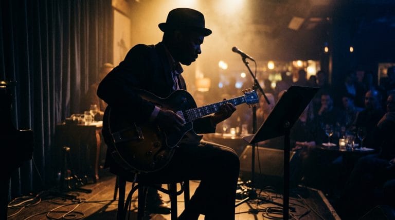 Jazz guitarist performing solo with acoustic guitar on stage under warm atmospheric lighting