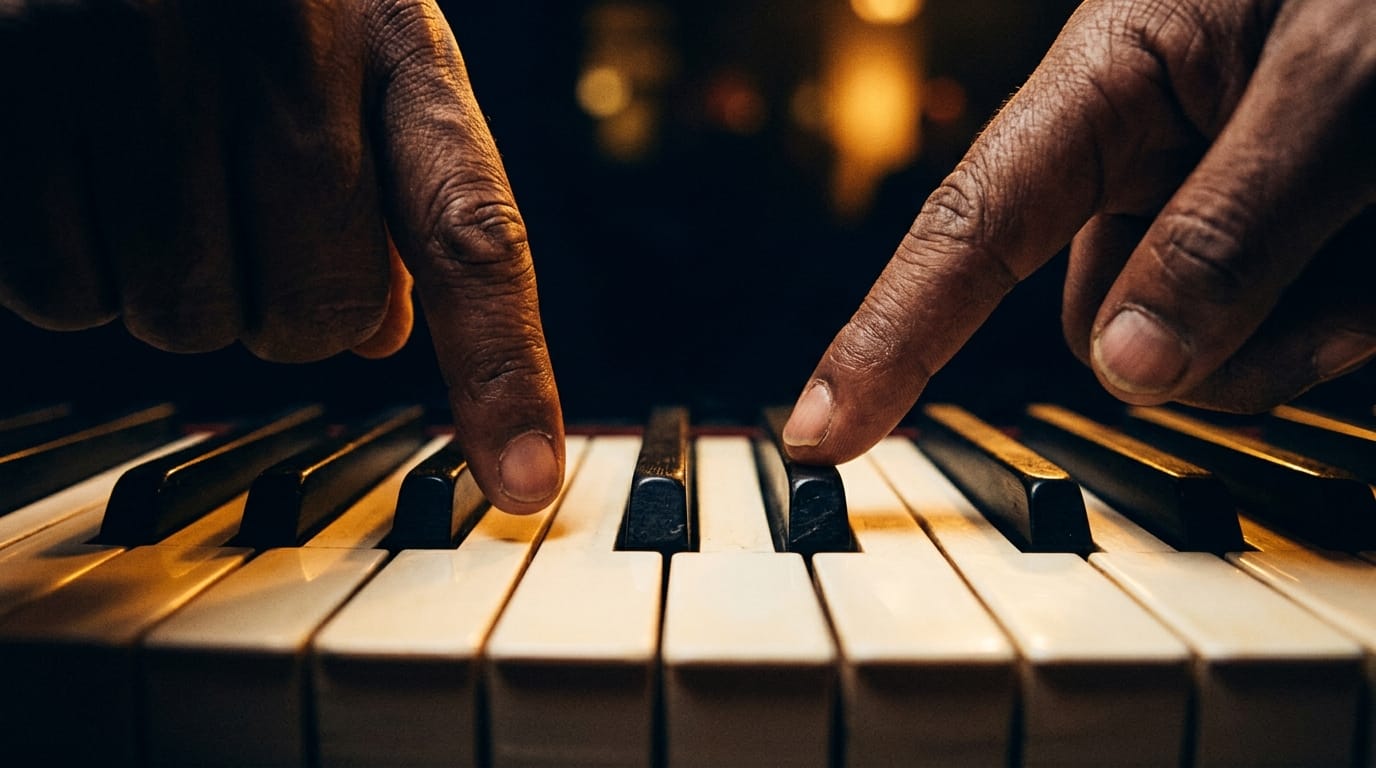 Musician's hands playing piano keys with warm golden stage lighting, jazz performance atmosphere