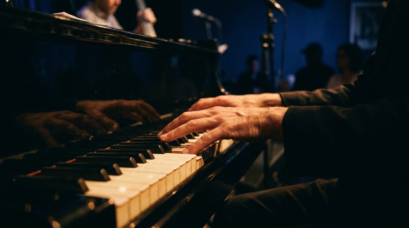 Jazz pianist's hands performing on grand piano keys during live performance
