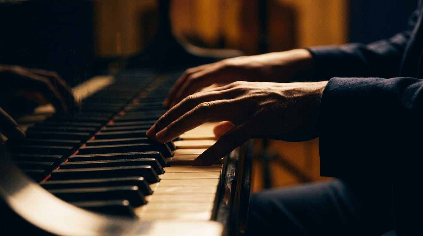 Pianist hands performing on grand piano keys with warm stage lighting