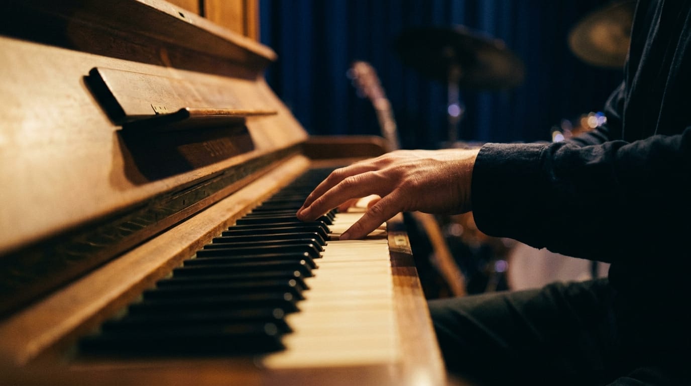 Jazz pianist performing on acoustic piano keys during live performance with stage lighting