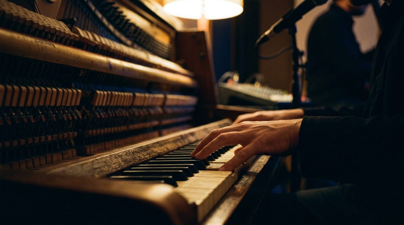 Pianist's hands playing vintage piano keys under warm studio lighting, jazz performance