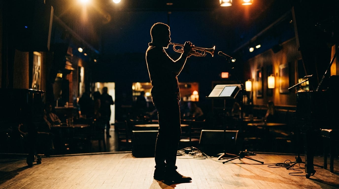 Silhouetted trumpet player performing on stage with warm stage lighting and audience