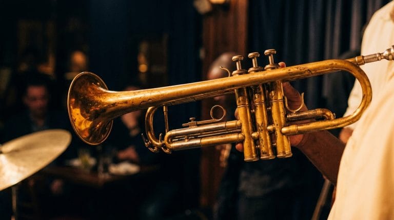 Polished brass trumpet with three valves held by musician on stage during jazz performance