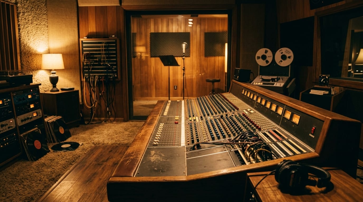 Vintage 1970s analog recording studio console, evoking the sessions for Michael Franks albums