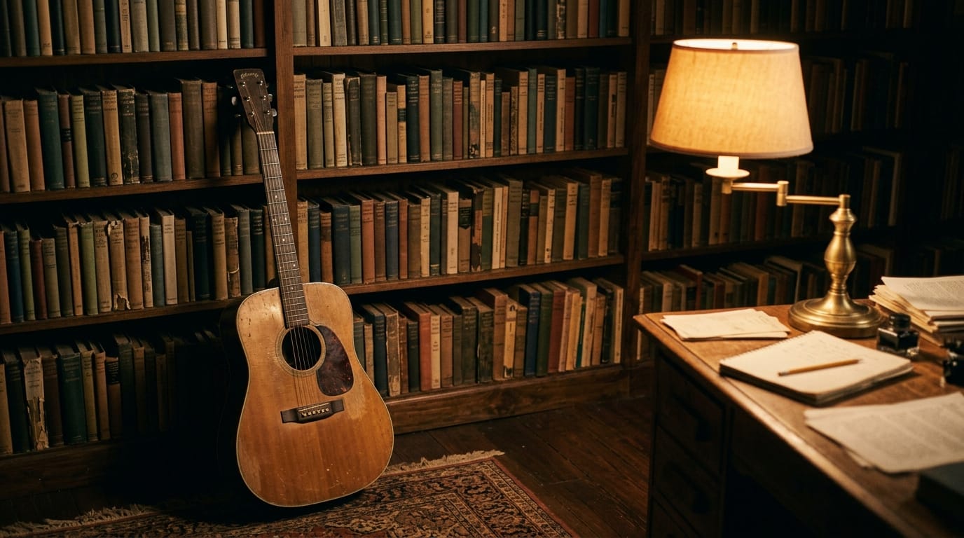 Acoustic guitar resting against shelves of poetry books, evoking Michael Franks the English major turned songwriter