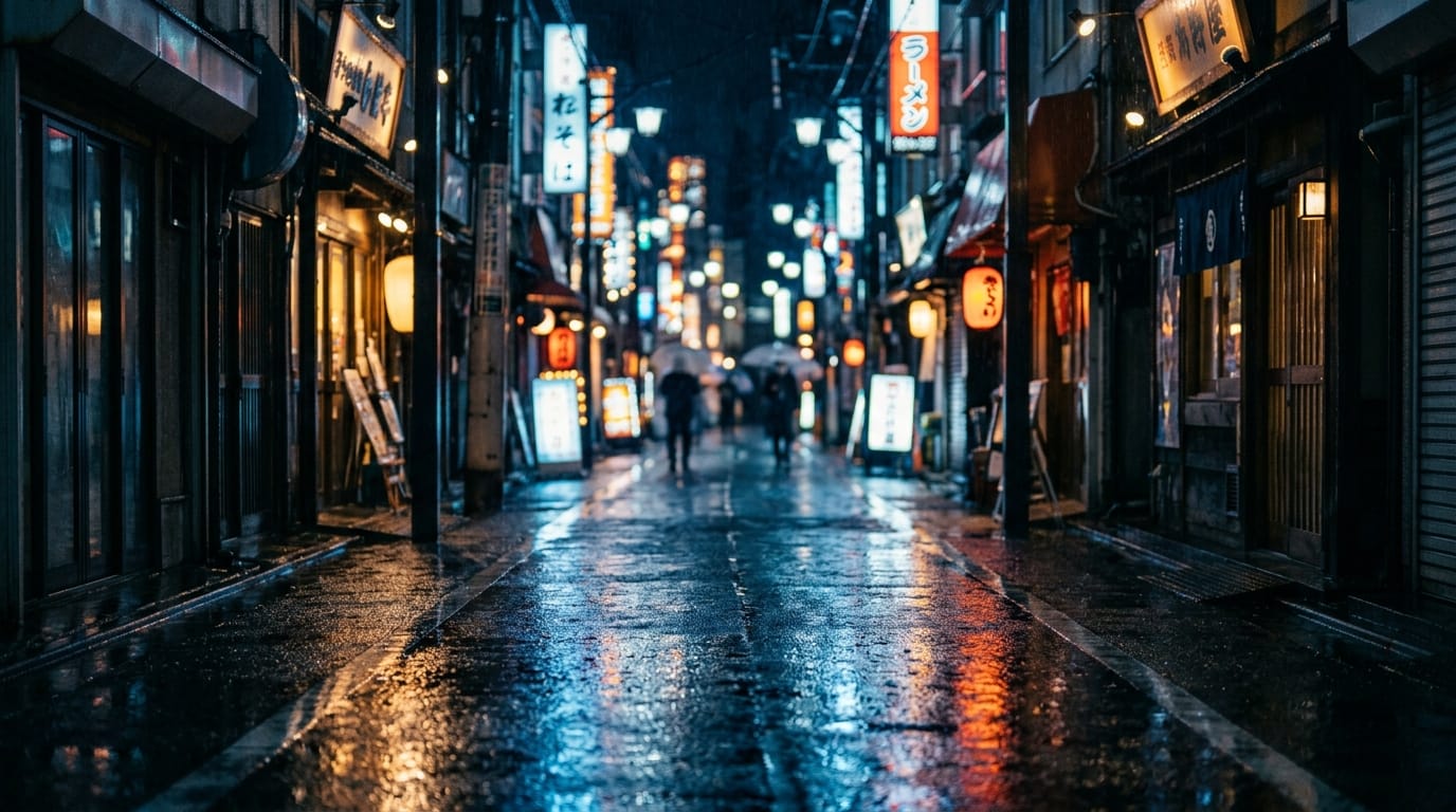 Rainy neon-lit Tokyo street at night evoking the mood of Michael Franks's Rainy Night in Tokyo