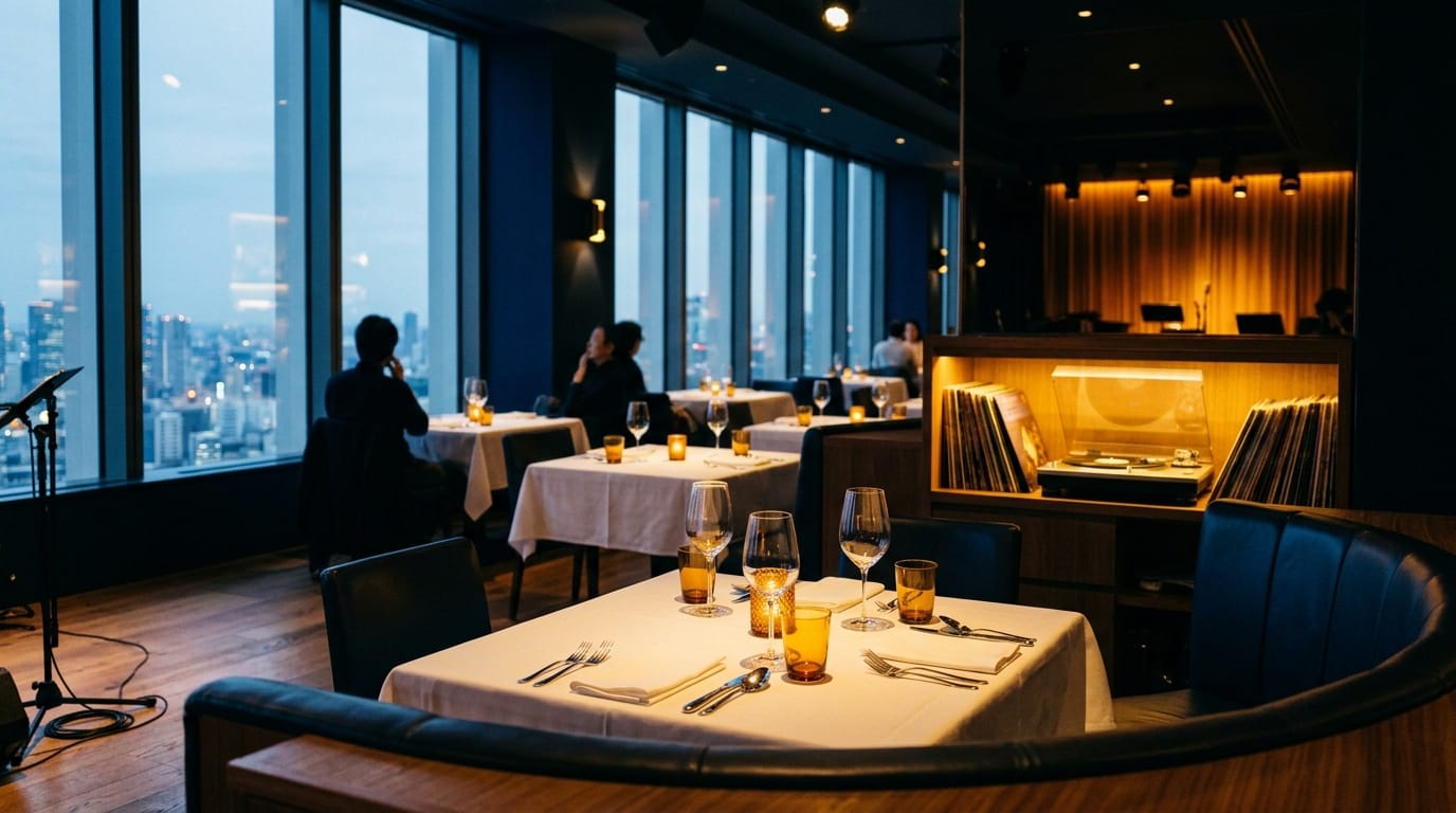 Upscale jazz venue with elegant dining tables, city skyline views, and warm ambient lighting