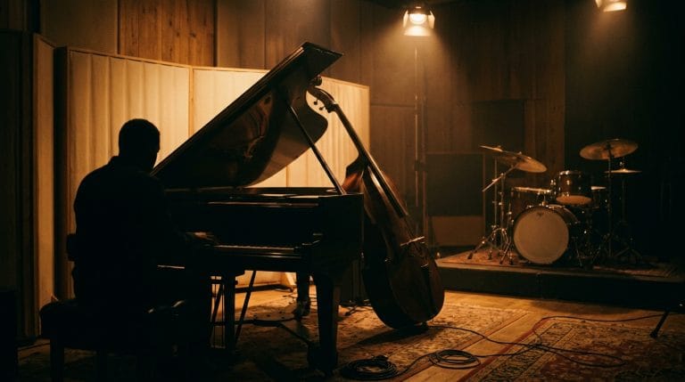 Jazz pianist performing at grand piano with cellist and drummer in warm studio lighting